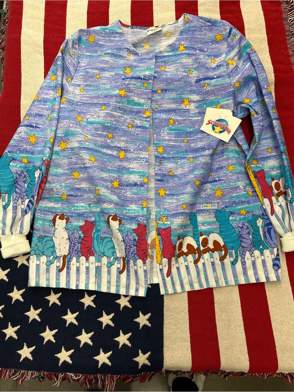 Scrubstar Blue & Yellow Starry Cat-Print Long Sleeve Scrub Top Size Large NWT
